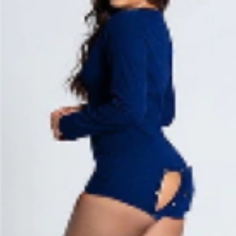 Blue Poly Sexy Bodycon Romper Shorts with Long Sleeves & Open Back